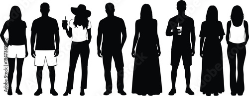 Casual people silhouette collection, men and women standing with drinks isolated on white background vector illustration