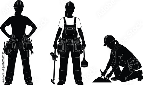 construction, worker, woman, builder, silhouette, tools, helmet, carpenter, technician, labor, industry, female, handyman, repair, black, vector, isolated, profession, work, illustration