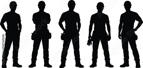 Construction, workers, silhouettes, helmet, safety, industry, labor, engineer, builder, teamwork, profession, standing, people, vector, illustration, black, isolated, white, background, concept