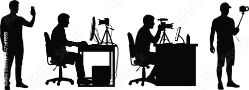 Content creator silhouettes, professional videography workflow, filming recording editing streaming setup, modern digital media production team, black isolated illustration concept