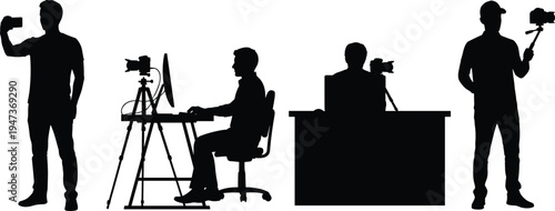 Content creator silhouettes, professional videography workflow, filming recording editing streaming setup, modern digital media production team, black isolated illustration