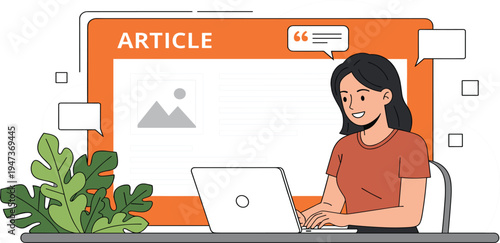 Content Writer Creating Online Article on Laptop with Speech Bubbles and Website Layout for Blogging, Copywriting, Digital Marketing and Content Creation Design