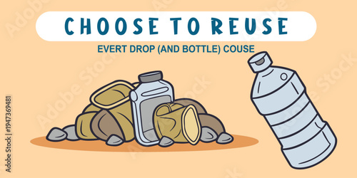 Plastic bottle and reusable items promoting waste reduction and recycling. Environmental awareness concept about reducing plastic pollution and encouraging sustainable lifestyle choices.