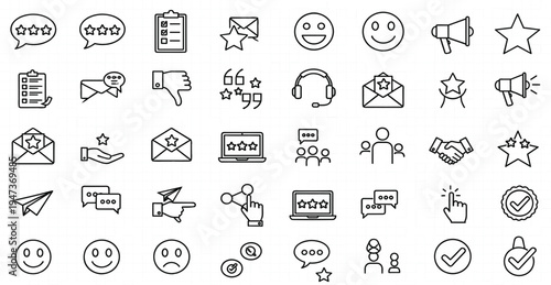 Comprehensive Line Icon Set for Customer Feedback, Five Star Ratings, Online Reviews, User Testimonials, and Business Reputation Management for Website and Mobile App Interfaces