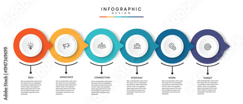 A colorful infographic template with five interconnected circles and icons on a white background
