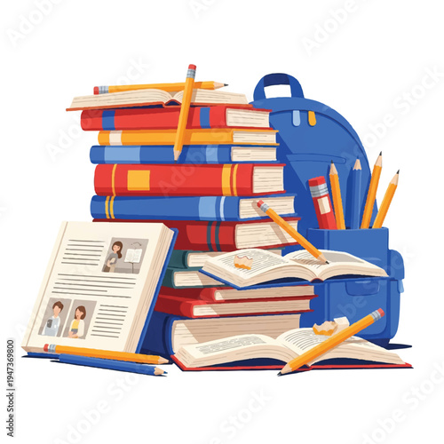 Colorful stack of books, notebooks, and a bright backpack with pencils and rulers for school supplies.