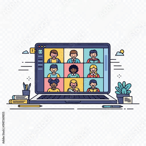 Online team meeting featuring diverse participants displayed on a laptop screen in a collaborative virtual session.