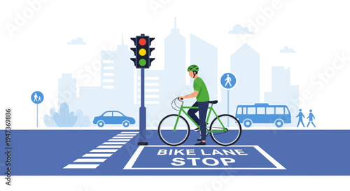 Cyclist stops at bike lane traffic light in urban city intersection, city skyline background