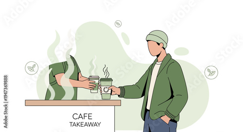 Barista handing takeaway coffee cup to customer at cafe counter, steam rising
