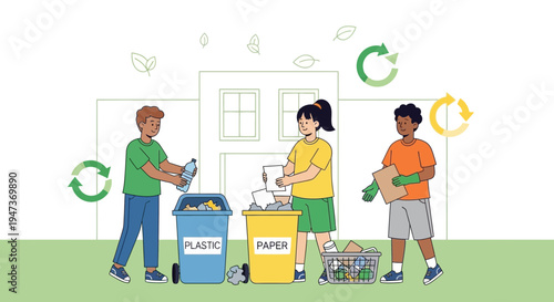 Children recycling plastic, paper and other waste at school, promoting environmental awareness