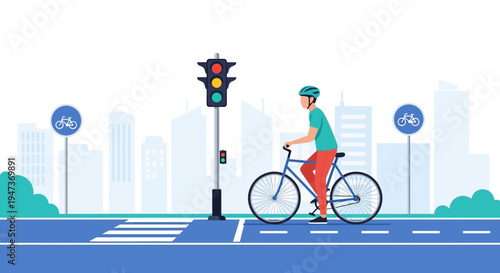 Cyclist at traffic light on city bike lane, urban transport, safety, healthy lifestyle