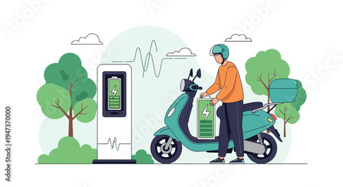 Electric scooter charging at a station, modern urban transport, eco-friendly mobility