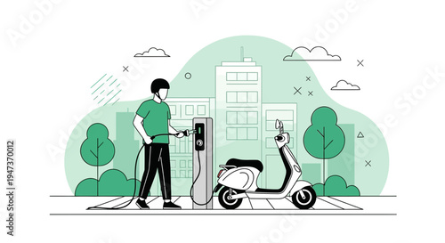 Electric Scooter Charging Station with Person in Green Cityscape