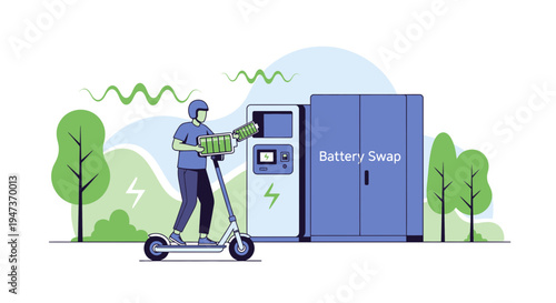 Electric Scooter User Swapping Battery at Modern Charging Station