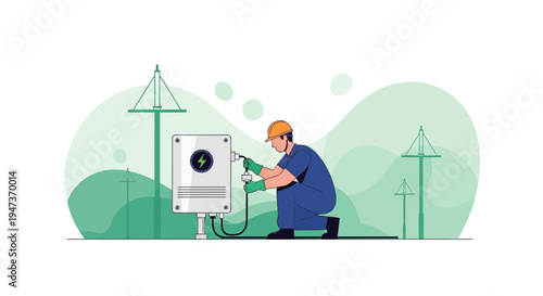 Electrician installing charging station for electric vehicles, sustainable energy concept