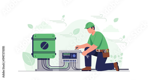 Electrician installing electrical panel and green equipment outdoors
