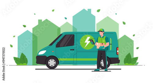 Electrician with Van and Houses, Eco-friendly Service, Green Energy Concept