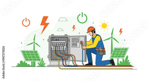 Electrician working on solar panels and wind turbines for renewable energy
