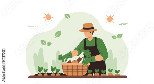 Farmer Harvesting Fresh Vegetables in a Basket on a Sunny Day