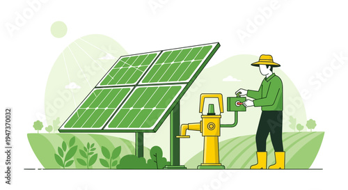 Farmer uses solar power for water pump in sustainable agriculture field