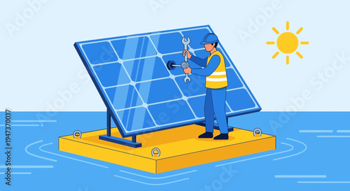 Floating Solar Panel Installation and Maintenance by Technician in Water