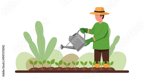 Gardener watering young plants in a garden bed, illustration