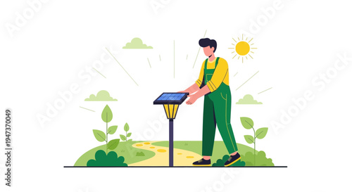 Gardener installing solar lamp in sunny garden, renewable energy concept