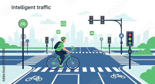 Intelligent traffic system with cyclist, smart city, traffic lights, and futuristic transport icons