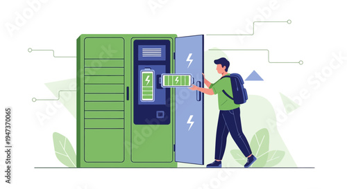 Man charging battery in smart locker, modern technology, energy storage, urban convenience