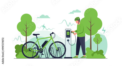 Man charging electric bicycle at charging station in park, eco-friendly transport concept