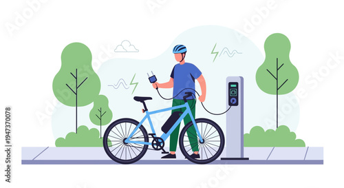 Man charging electric bicycle at charging station in park, sustainable urban transport