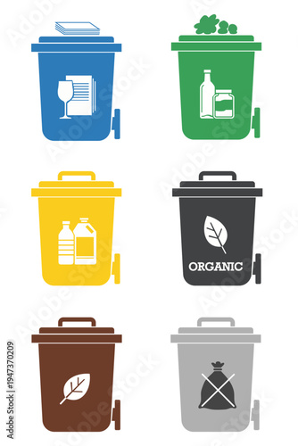 recycling bins with different waste symbols and labels