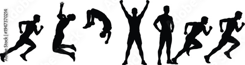 Athlete, silhouettes, action, poses, running, jumping, fitness, strength, movement, sport, energy, training, exercise, performance, vector, illustration, black, isolated, white, background