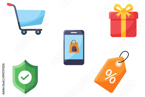 Online shopping icons: cart, phone, gift, tag, and security shield