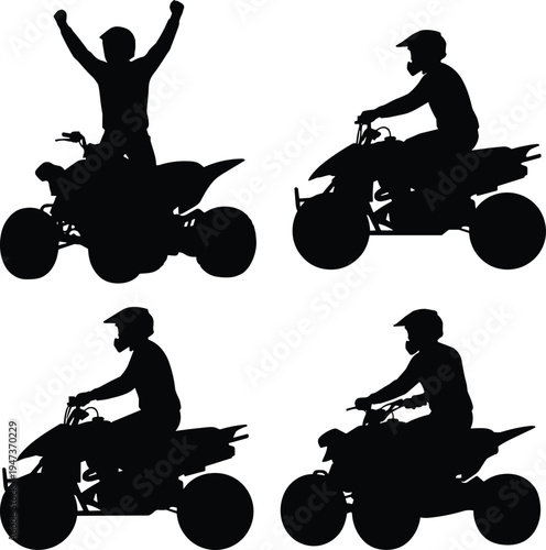 ATV rider silhouette collection, quad bike motocross action poses with helmeted driver isolated on white background illustration