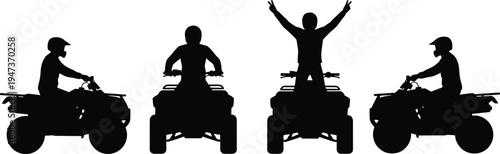 ATV rider silhouette vector set, quad bike driver in different poses isolated on white background for adventure design