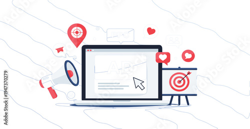 Pay Per Click Advertising and Digital Marketing Campaign Illustration with Online Ads, Target Audience, Conversion Strategy, and Social Media Promotion Concept