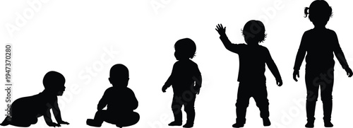 Baby growth stages silhouette set showing infant crawling sitting standing toddler development progression isolated on white background childhood concept