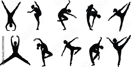 Ballet dancer silhouettes set, graceful ballerina dance poses collection, classical ballet performance movement vector illustration isolated on white