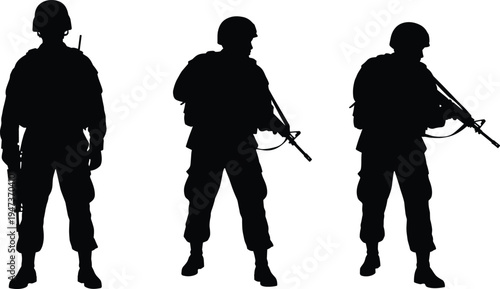 Armed soldier silhouettes, military infantry standing with rifles, tactical combat stances, modern army forces, black isolated security illustration