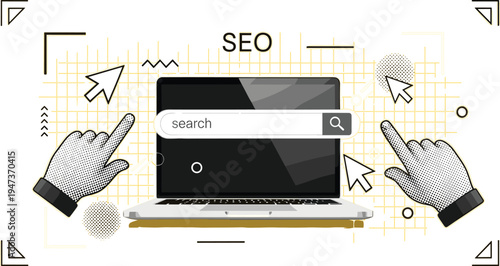 SEO Search Optimization Concept with Laptop, Search Bar, and Hands Pointing for Digital Marketing Strategy, Website Ranking, and Online Business Promotion Design