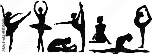 Ballet dancer silhouettes set, graceful female performers in stretching and pose variations illustrating classical dance technique, flexibility and elegance