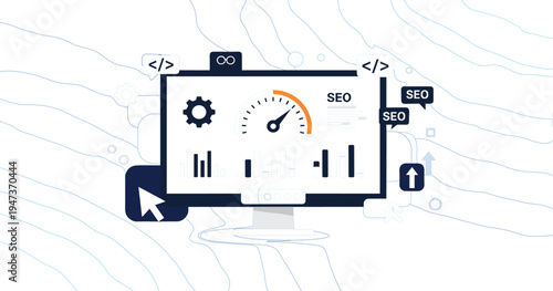 SEO Analytics Dashboard Concept with Performance Speedometer, Data Charts, and Optimization Elements for Search Engine Marketing, Website Ranking, and Digital Strategy Design