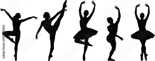 Ballet dancers silhouette set performing classical dance poses, elegant black vector illustration isolated on white background