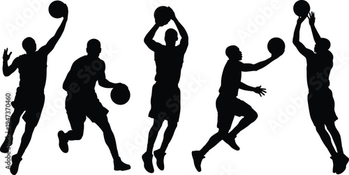 Basketball player silhouettes set, dynamic action poses dribbling shooting jumping isolated on white background black vector illustration