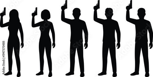 Black and white silhouettes of men and women holding pistols raised, security threat concept, standing figures isolated on white background