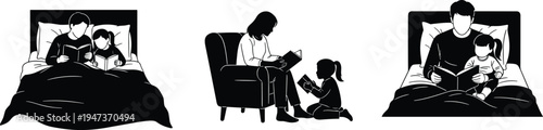 Black and white silhouettes of parents reading with children, bedtime storytelling, family bonding moments, education concept isolated on white background