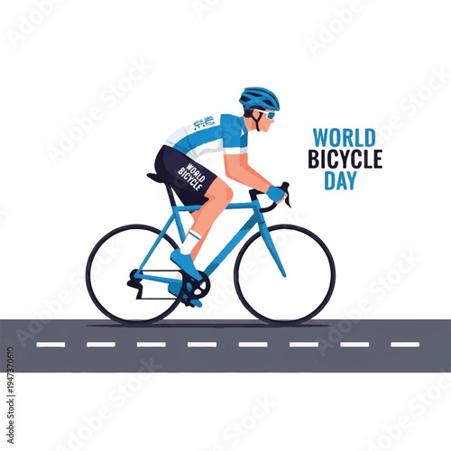 Colorful illustration of a cyclist riding a blue road bike for World Bicycle Day promotion.