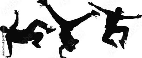 Breakdance, dancer, silhouettes, hip, hop, street, dance, moves, urban, culture, action, dynamic, motion, black, white, isolated, background, creative, performance, energy