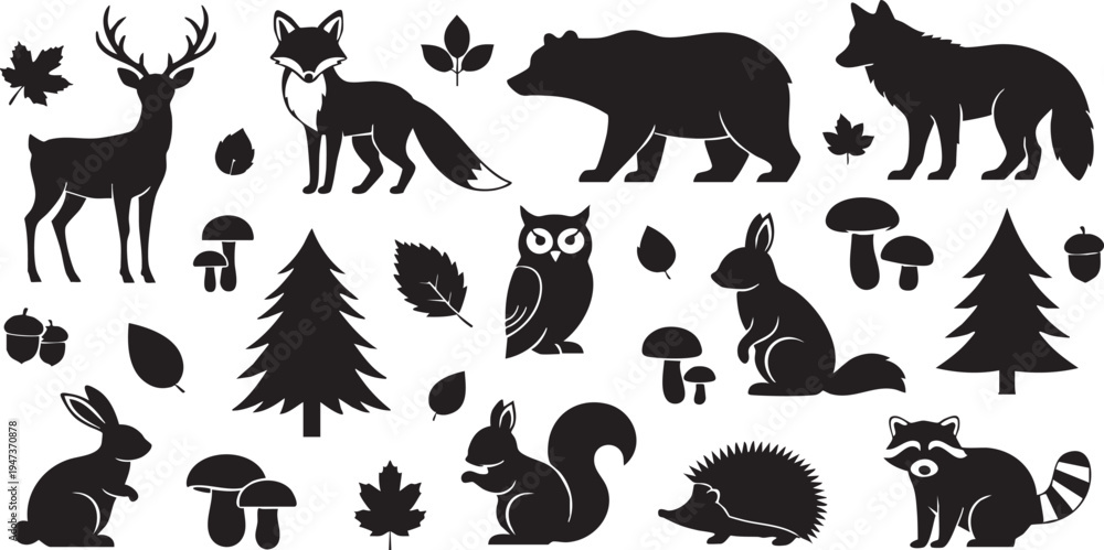 Obraz premium Black silhouettes of forest animals and trees on white background